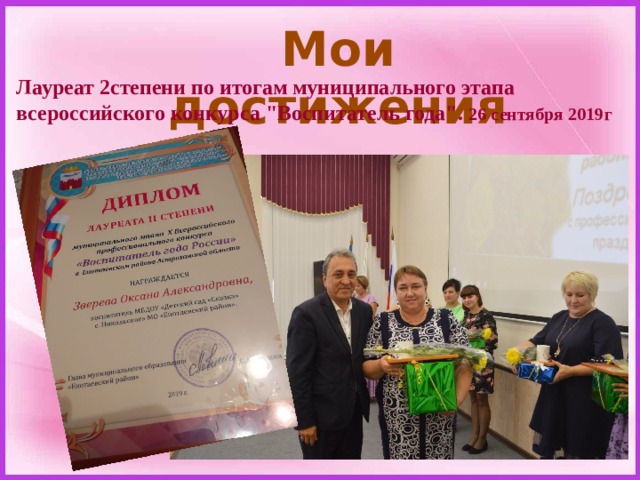 Мои достижения Лауреат 2степени по итогам муниципального этапа всероссийского конкурса 