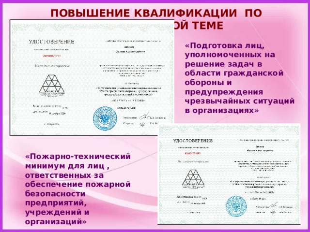 ПОВЫШЕНИЕ КВАЛИФИКАЦИИ ПО МЕТОДИЧЕСКОЙ ТЕМЕ «Подготовка лиц, уполномоченных на решение задач в области гражданской обороны и предупреждения чрезвычайных ситуаций в организациях» «Пожарно-технический минимум для лиц , ответственных за обеспечение пожарной безопасности предприятий, учреждений и организаций» 