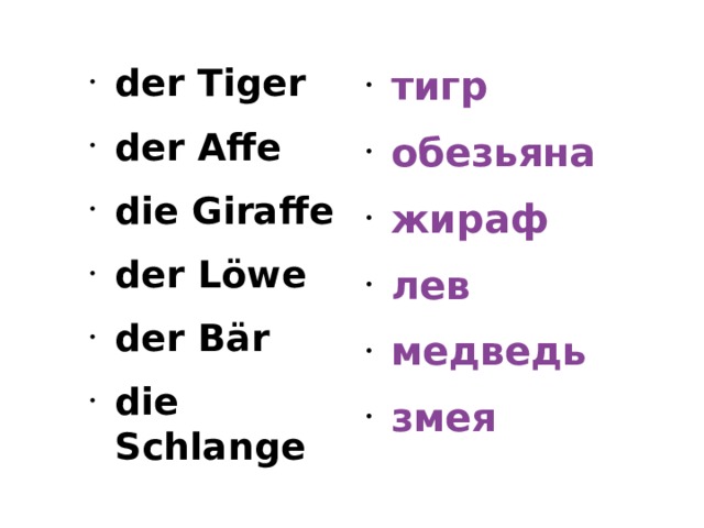 der Tiger der Affe die Giraffe der Löwe der Bär die Schlange  тигр обезьяна жираф лев медведь змея 