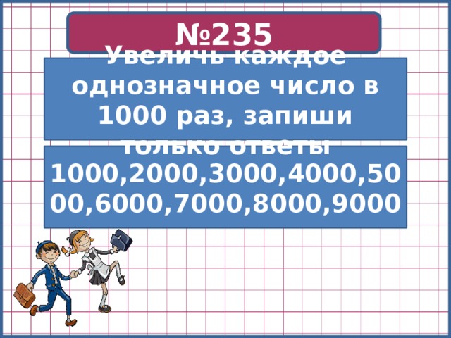 № 235 Увеличь каждое однозначное число в 1000 раз, запиши только ответы 1000,2000,3000,4000,5000,6000,7000,8000,9000 
