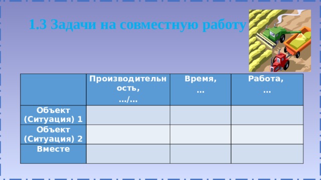 1.3 Задачи на совместную работу   Производительность, Объект (Ситуация) 1 … /… Объект (Ситуация) 2 Время, Вместе … Работа, … Слайд можно использовать при работе с интерактивной доской. Учащиеся формулируют алгоритм решения задачи. Один у доски, остальные помогают с места.  