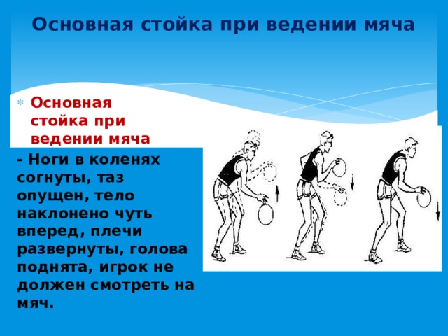 Основная стойка при ведении мяча Основная стойка при ведении мяча - Ноги в коленях согнуты, таз опущен, тело наклонено чуть вперед, плечи развернуты, голова поднята, игрок не должен смотреть на мяч. 