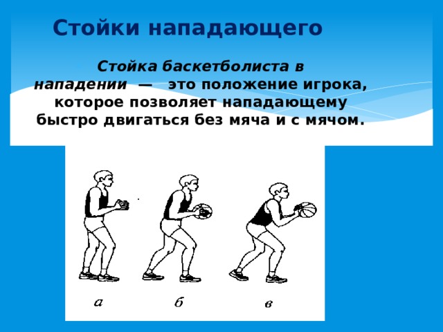 Стойки нападающего Стойка баскетболиста в нападении   —     это положение игрока, которое позволяет нападающему быстро двигаться без мяча и с мячом. 