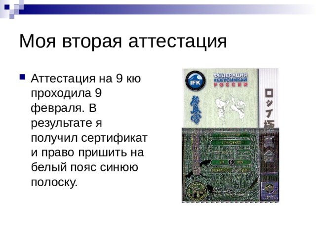 Моя вторая аттестация Аттестация на 9 кю проходила 9 февраля. В результате я получил сертификат и право пришить на белый пояс синюю полоску. 