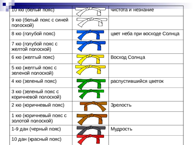 10 кю (белый пояс) 9 кю (белый пояс с синей полоской) 8 кю (голубой пояс) чистота и незнание 7 кю (голубой пояс с желтой полоской) цвет неба при восходе Солнца 6 кю (желтый пояс) 5 кю (желтый пояс с зеленой полоской) 4 кю (зеленый пояс) Восход Солнца 3 кю (зеленый пояс с коричневой полоской) 2 кю (коричневый пояс) распустившийся цветок 1 кю (коричневый пояс с золотой полоской) 1-9 дан (черный пояс) Зрелость 10 дан (красный пояс) Мудрость 