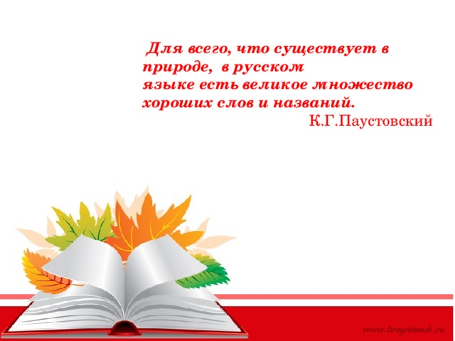  Для всего, что существует в природе, в русском языке есть великое множество   хороших слов и названий.  К.Г.Паустовский 