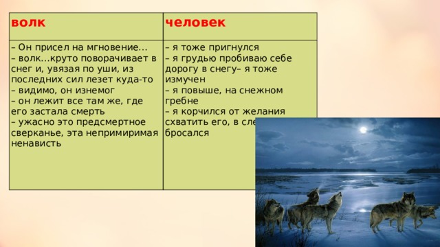 волк человек – Он присел на мгновение…  – волк…круто поворачивает в снег и, увязая по уши, из последних сил лезет куда-то  – видимо, он изнемог  – он лежит все там же, где его застала смерть  – ужасно это предсмертное сверканье, эта непримиримая ненависть – я тоже пригнулся  – я грудью пробиваю себе дорогу в снегу– я тоже измучен  – я повыше, на снежном гребне  – я корчился от желания схватить его, в слепой ярости бросался 