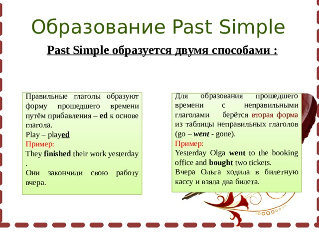 Образование Past Simple Past Simple образуется двумя способами : Правильные глаголы образуют форму прошедшего времени путём прибавления – ed к основе глагола. Play – play ed Пример: They finished their work yesterday . Они закончили свою работу вчера. Для образования прошедшего времени с неправильными глаголами берётся вторая форма из таблицы неправильных глаголов (go – went - gone). Пример: Yesterday Olga went to the booking office and bought two tickets. Вчера Ольга ходила в билетную кассу и взяла два билета. 