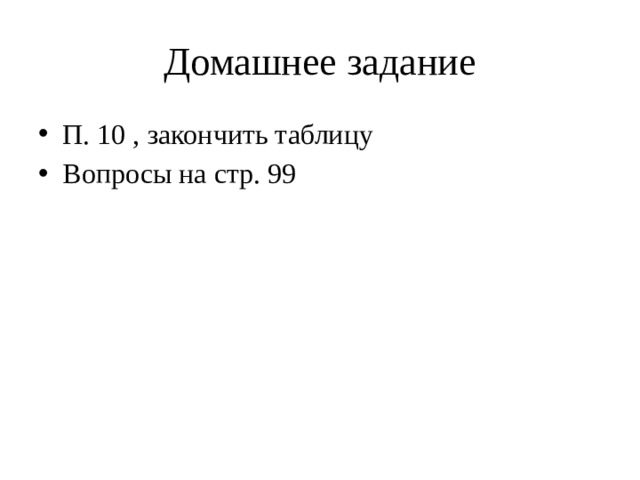 Домашнее задание П. 10 , закончить таблицу Вопросы на стр. 99 