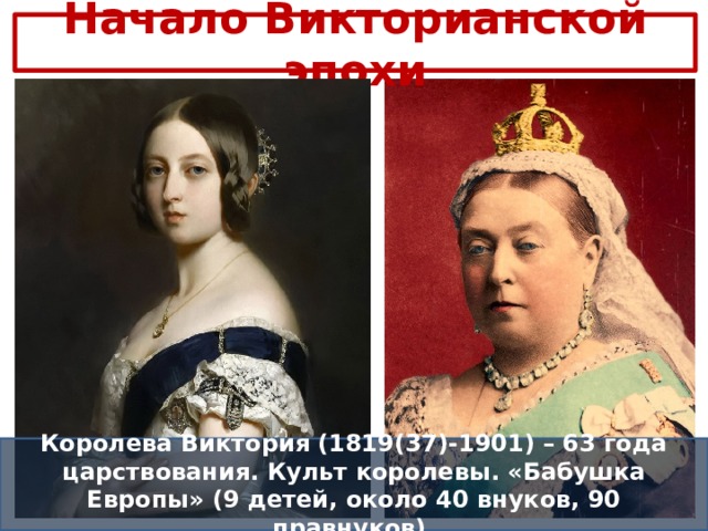 Начало Викторианской эпохи Королева Виктория (1819(37)-1901) – 63 года царствования. Культ королевы. «Бабушка Европы» (9 детей, около 40 внуков, 90 правнуков). 