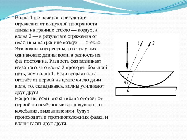 Волна 1 появляется в результате отражения от выпуклой поверхности линзы на границе стекло — воздух, а волна 2 — в результате отражения от пластины на границе воздух — стекло. Эти волны когерентны, то есть у них одинаковые длины волн, а разность их фаз постоянна. Разность фаз возникает из-за того, что волна 2 проходит больший путь, чем волна 1. Если вторая волна отстаёт от первой на целое число длин волн, то, складываясь, волны усиливают друг друга. Напротив, если вторая волна отстаёт от первой на нечётное число полуволн, то колебания, вызванные ими, будут происходить в противоположных фазах, и волны гасят друг друга. 