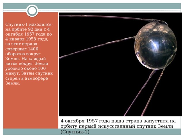 Спутник-1 находился на орбите 92 дня с 4 октября 1957 года по 4 января 1958 года, за этот период совершил 1400 оборотов вокруг Земли. На каждый виток вокруг Земли уходило около 100 минут. Затем спутник сгорел в атмосфере Земли. 4 октября 1957 года наша страна запустила на орбиту первый искусственный спутник Земли (Спутник-1)  