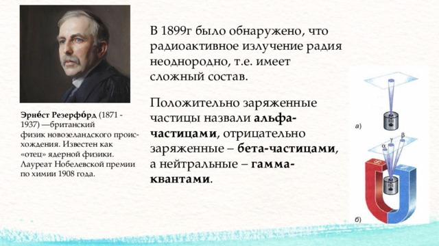 В 1899г было обнаружено, что радиоактивное излучение радия неоднородно, т.е. имеет сложный состав. Положительно заряженные частицы назвали альфа-частицами , отрицательно заряженные – бета-частицами , а нейтральные – гамма-квантами . Эрне́ст Резерфо́рд  (1871 - 1937) —британский физик новозеландского проис-хождения. Известен как «отец» ядерной физики. Лауреат Нобелевской премии по химии 1908 года. 
