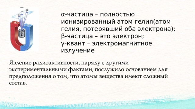 α-частица – полностью ионизированный атом гелия(атом гелия, потерявший оба электрона);  β-частица – это электрон;  γ-квант – электромагнитное излучение Явление радиоактивности, наряду с другими экспериментальными фактами, послужило основанием для предположения о том, что атомы вещества имеют сложный состав. 