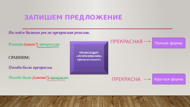 Запишем предложение На моём балконе росла прекрасная розалия.   Розалия (какая?) прекрасная. СРАВНИМ:   Погода была прекрасна.   Погода была (какова?) прекрасна.   ПРЕКРАСНАЯ Полная форма ПРОИСХОДИТ «УКОРАЧИВАНИЕ» прилагательного  Краткая форма ПРЕКРАСНА 