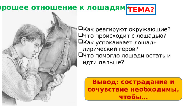 «Хорошее отношение к лошадям» ТЕМА? Как реагируют окружающие? Что происходит с лошадью? Как успокаивает лошадь лирический герой? Что помогло лошади встать и идти дальше? Вывод: сострадание и сочувствие необходимы, чтобы… 