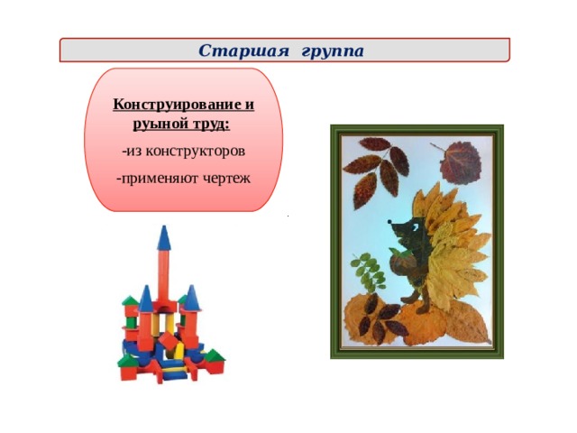 Старшая группа Конструирование и руыной труд:   -из конструкторов -применяют чертеж  