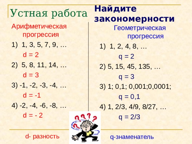 Найдите закономерности Устная работа Арифметическая прогрессия 1) 1, 3, 5, 7, 9, …  d = 2 2) 5, 8, 11, 14, …  d = 3 3) -1, -2, -3, -4, …  d = -1 4) -2, -4, -6, -8, …  d = - 2 Геометрическая прогрессия 1) 1, 2, 4, 8, …  q = 2 2) 5, 15, 45, 135, …  q = 3  3) 1; 0,1; 0,001;0,0001;  q = 0,1 4) 1, 2/3, 4/9, 8/27, …  q = 2/3 d - разность q -знаменатель 