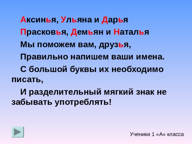 А ксин ь я, У л ь яна и Д ар ь я П расков ь я, Д ем ь ян и Н атал ь я Мы поможем вам, друз ь я, Правильно напишем ваши имена. С большой буквы их необходимо писать, И разделительный мягкий знак не забывать употреблять! Ученики 1 «А» класса 