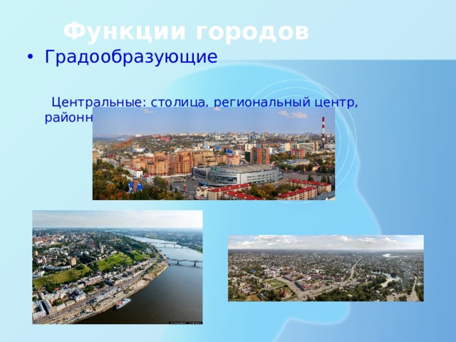 Функции городов Градообразующие  Центральные: столица, региональный центр, районный центр 