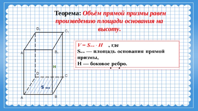   Теорема: Объём прямой призмы равен произведению площади основания на высоту . V = S осн  Н , где   S осн — площадь основания прямой призмы, Н — боковое ребро. Н S осн 