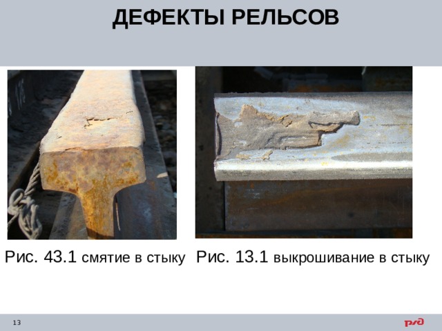 ДЕФЕКТЫ РЕЛЬСОВ Рис. 43.1 смятие в стыку Рис. 13.1 выкрошивание в стыку 
