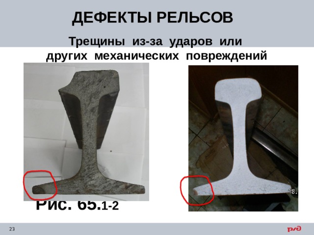 ДЕФЕКТЫ РЕЛЬСОВ Трещины из-за ударов или других механических повреждений Рис. 65. 1-2 