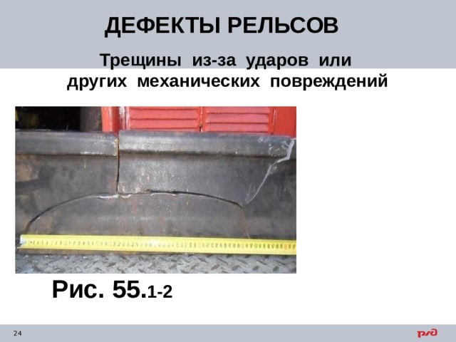 ДЕФЕКТЫ РЕЛЬСОВ Трещины из-за ударов или других механических повреждений Рис. 55. 1-2 