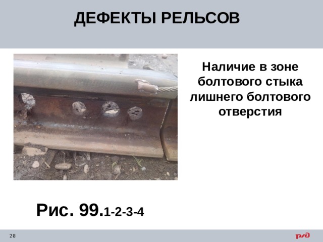 ДЕФЕКТЫ РЕЛЬСОВ Наличие в зоне болтового стыка лишнего болтового отверстия Рис. 99. 1-2-3-4 