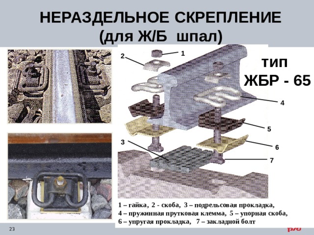 НЕРАЗДЕЛЬНОЕ  СКРЕПЛЕНИЕ (для Ж/Б шпал) 1  тип ЖБР - 65  2 4 5 3 6 7 1 – гайка, 2 - скоба, 3 – подрельсовая прокладка, 4 – пружинная прутковая клемма, 5 – упорная скоба, 6 – упругая прокладка, 7 – закладной болт 