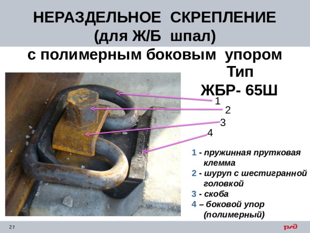 НЕРАЗДЕЛЬНОЕ СКРЕПЛЕНИЕ  (для Ж/Б шпал) с полимерным боковым упором   Тип ЖБР- 65Ш  1 2 3 4 1 - пружинная прутковая  клемма  2 - шуруп с шестигранной  головкой  3 - скоба  4 – боковой упор  (полимерный)   