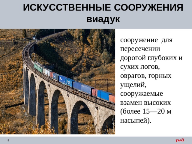 ИСКУССТВЕННЫЕ СООРУЖЕНИЯ виадук сооружение для пересечении дорогой глубоких и сухих логов, оврагов, горных ущелий, сооружаемые взамен высоких (более 15—20 м насыпей). 