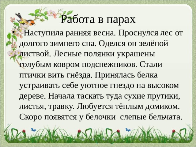 Работа в парах  Наступила ранняя весна. Проснулся лес от долгого зимнего сна. Оделся он зелёной листвой. Лесные полянки украшены голубым ковром подснежников. Стали птички вить гнёзда. Принялась белка устраивать себе уютное гнездо на высоком дереве. Начала таскать туда сухие прутики, листья, травку. Любуется тёплым домиком. Скоро появятся у белочки слепые бельчата. 