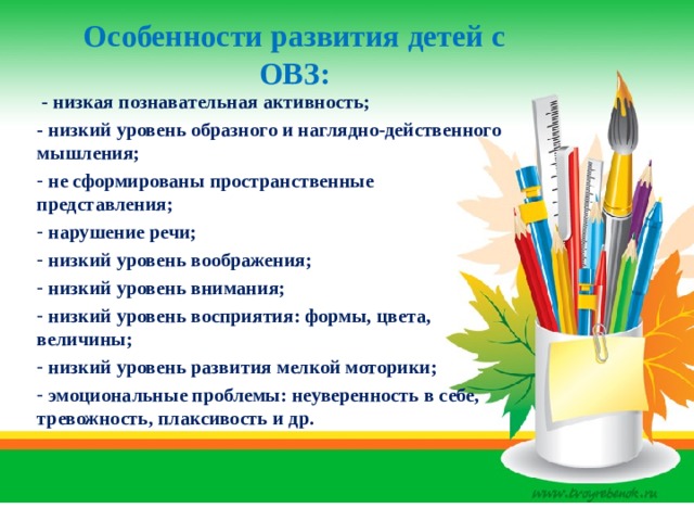 Особенности развития детей с ОВЗ:  - низкая познавательная активность; - низкий уровень образного и наглядно-действенного мышления;  не сформированы пространственные представления;  нарушение речи;  низкий уровень воображения;  низкий уровень внимания;  низкий уровень восприятия: формы, цвета, величины;  низкий уровень развития мелкой моторики;  эмоциональные проблемы: неуверенность в себе, тревожность, плаксивость и др. 