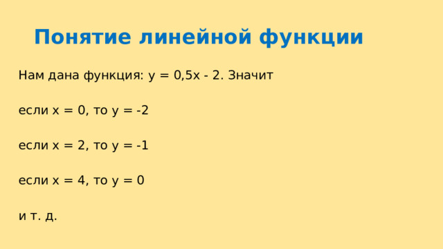 Понятие линейной функции Нам дана функция: у = 0,5х - 2. Значит если х = 0, то у = -2 если х = 2, то у = -1 если х = 4, то у = 0 и т. д. 