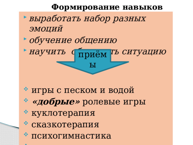  Формирование навыков выработать набор разных эмоций обучение общению научить обсуждать ситуацию  игры с песком и водой  «добрые» ролевые игры  куклотерапия  сказкотерапия  психогимнастика  развитие психических процессов приёмы 