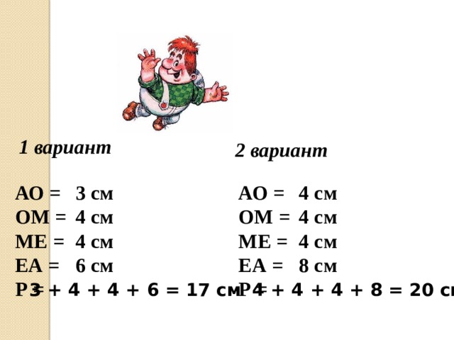 1 вариант 2 вариант АО = АО = 4 см 3 см ОМ = 4 см ОМ = 4 см 4 см 4 см МЕ = МЕ = ЕА = 8 см ЕА = 6 см Р = Р = 3 + 4 + 4 + 6 = 17 см 4 + 4 + 4 + 8 = 20 см  