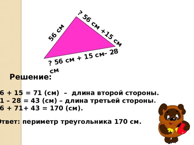 56 см ? 56 см + 15 см– 28 см ? 56 см +15 см Решение: 1) 56 + 15 = 71 (см) – длина второй стороны. 2) 71 – 28 = 43 (см) – длина третьей стороны. 3) 56 + 71+ 43 = 170 (см). Ответ: периметр треугольника 170 см. 