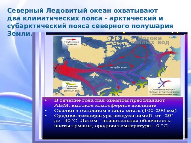 Северный Ледовитый океан охватывают два климатических пояса - арктический и субарктический пояса северного полушария Земли. Северный Ледовитый океан охватывают два климатических пояса - арктический и субарктический пояса северного полушария Земли. В течение года над океаном преобладают АВМ, высокое атмосферное давление. Осадки выпадают в основном в виде снега, около 100 – 200 мм в год. Средняя температура воздуха зимой от – 20 ° С до – 40 ° С. Летом – значительная облачность, часты туманы, средняя температура 0° С.  