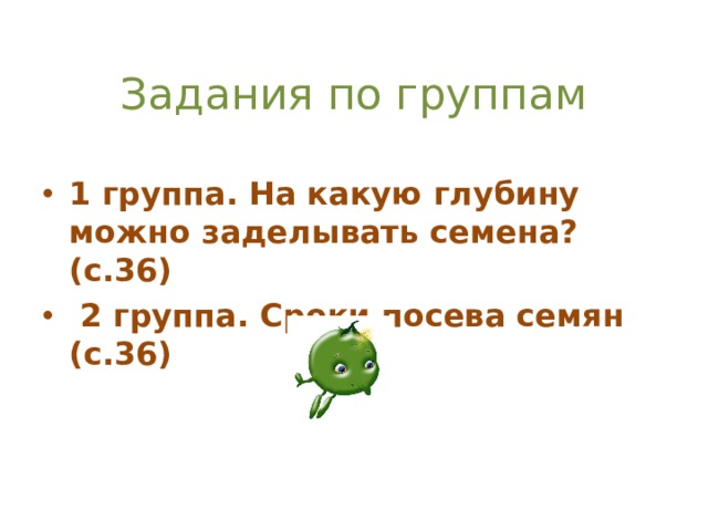  Задания по группам  1 группа. На какую глубину можно заделывать семена? (с.36)  2 группа. Сроки посева семян (с.36)  