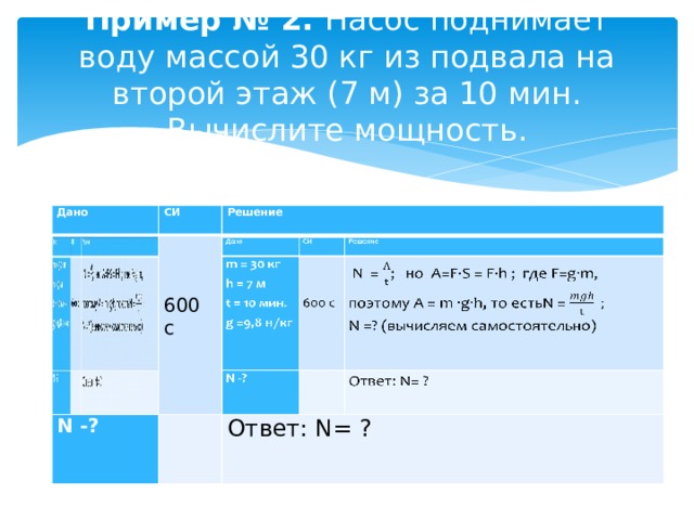 Пример № 2. Насос поднимает воду массой 30 кг из подвала на второй этаж (7 м) за 10 мин. Вычислите мощность. Дано Дано CИ CИ m = 30 кг h = 7 м N -?     Решение Решение N -?           N = ; но А=F·S = F·h ; где F=gm, t = 10 мин. поэтому A = m gh, то естьN = 600 с 600 с g =9,8 кг Ответ: N= ? Ответ: N= ?     N =? (вычисляем самостоятельно) 