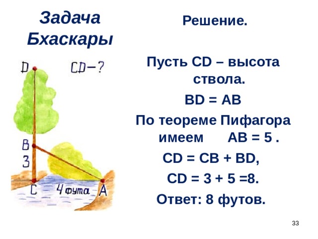  Решение.   Пусть CD – высота ствола. BD = АВ По теореме Пифагора имеем АВ = 5 . CD = CB + BD, CD = 3 + 5 =8. Ответ: 8 футов. Задача Бхаскары  