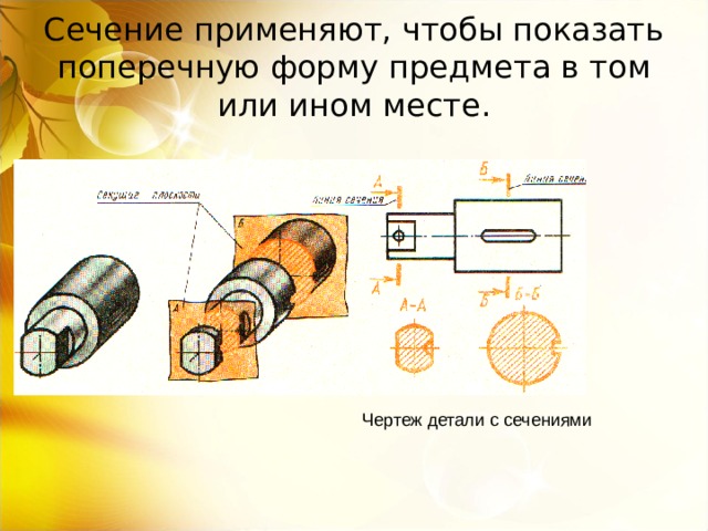 Сечение применяют, чтобы показать поперечную форму предмета в том или ином месте. 