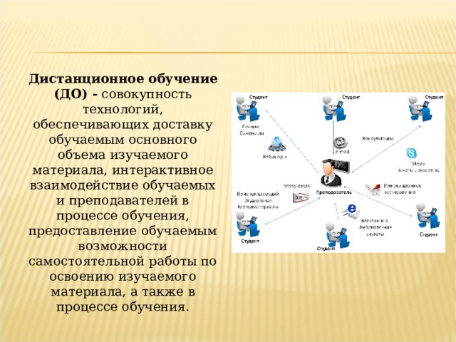 Дистанционное обучение (ДО) - совокупность технологий, обеспечивающих доставку обучаемым основного объема изучаемого материала, интерактивное взаимодействие обучаемых и преподавателей в процессе обучения, предоставление обучаемым возможности самостоятельной работы по освоению изучаемого материала, а также в процессе обучения. 