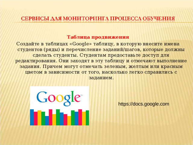 Таблица продвижения Создайте в таблицах «Google» таблицу, в которую внесите имена студентов (ряды) и перечисление заданий/шагов, которые должны сделать студенты. Студентам предоставьте доступ для редактирования. Они заходят в эту таблицу и отмечают выполнение задания. Причем могут отмечать зеленым, желтым или красным цветом в зависимости от того, насколько легко справились с заданием. https://docs.google.com  