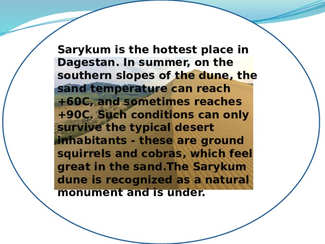 Sarykum is the hottest place in Dagestan. In summer, on the southern slopes of the dune, the sand temperature can reach +60C, and sometimes reaches +90C. Such conditions can only survive the typical desert inhabitants - these are ground squirrels and cobras, which feel great in the sand.The Sarykum dune is recognized as a natural monument and is under. 