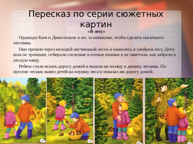 Пересказ по серии сюжетных картин «В лесу»  Однажды Катя и Дима пошли в лес за шишками, чтобы сделать сказочного лесовика.  Они прошли через молодой лиственный лесок и оказались в хвойном лесу. Дети шли по тропинке, собирали сосновые и еловые шишки и не заметили, как забрели в лесную чащу.  Ребята стали искать дорогу домой и вышли на поляну к домику лесника. По просеке лесник вывел детей на опушку леса и показал им дорогу домой. 