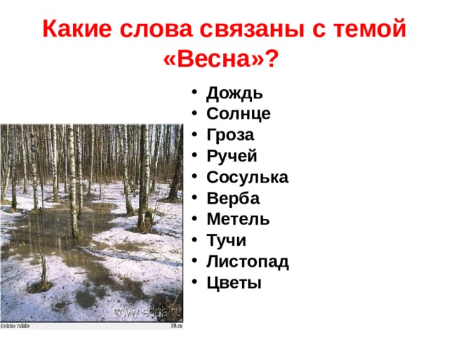 Какие слова связаны с темой «Весна»?  Дождь Солнце Гроза Ручей Сосулька Верба Метель Тучи Листопад Цветы 