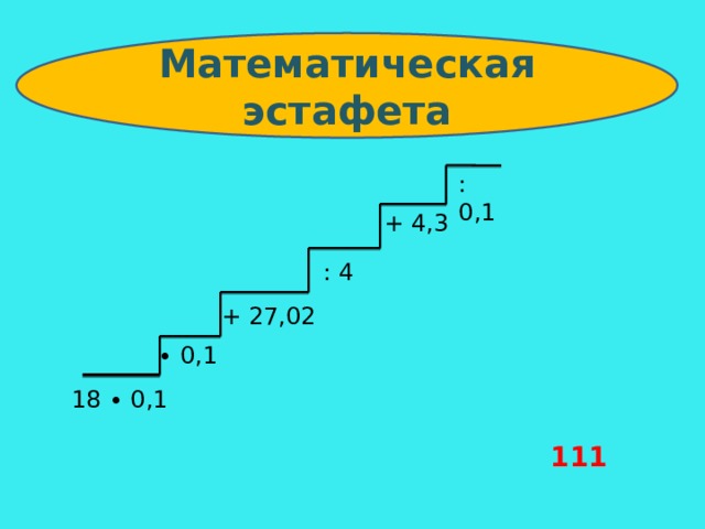 Математическая эстафета : 0,1 + 4,3 : 4 + 27,02 ∙ 0,1 18 ∙ 0,1 111 