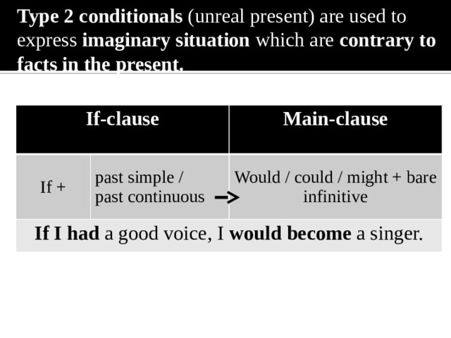 Type 2 conditionals (unreal present) are used to express imaginary situation which are contrary to facts in the present. If-clause If + Main-clause past simple / If I had a good voice, I would become a singer.  past continuous Would / could / might + bare infinitive 